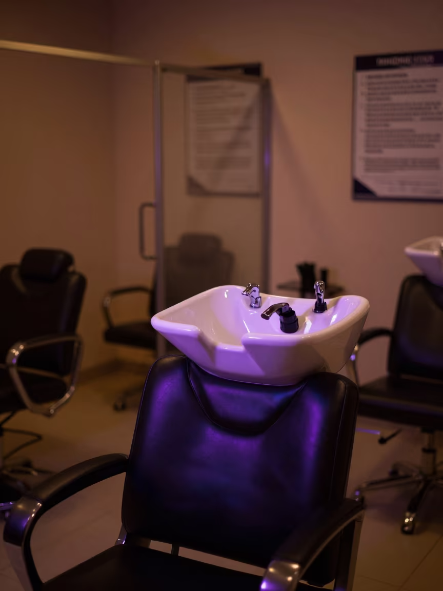 Neon Reflected Shampoo Chair in Ondo Night in inside a skincare treatment room in Ondo