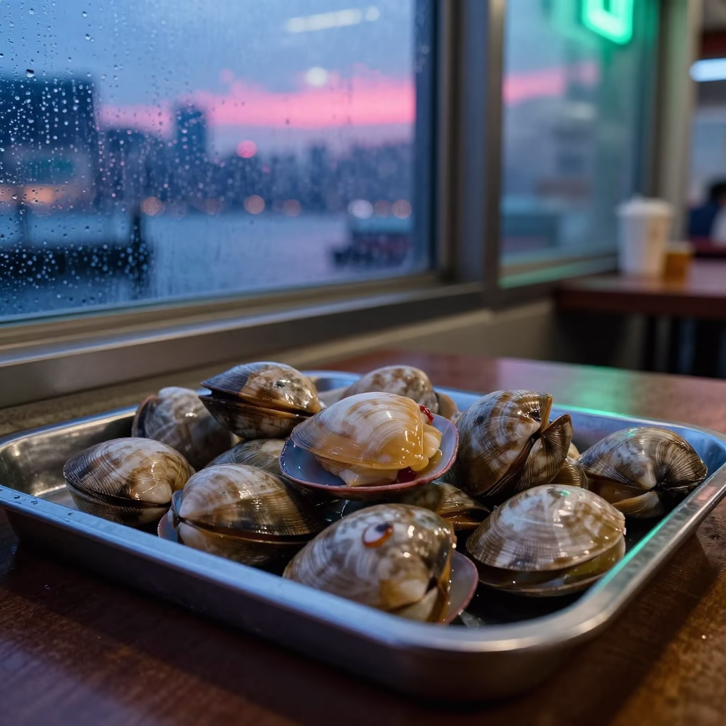 Neon Reflected Shucked Clams on Cafe Table in on a cafe table by a window near Hong Kong