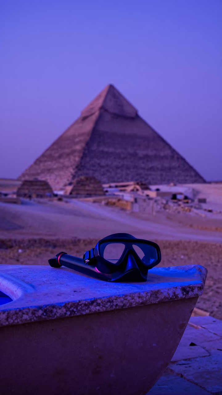 Neon Reflected Snorkel on Giza Stone Seat in on a stone ledge in Giza