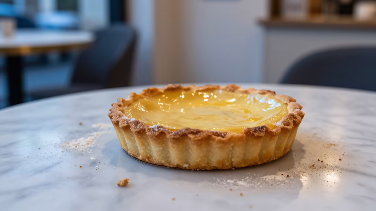 Neon Reflected Tart on Marble Table in on a marble cafe table in Athens
