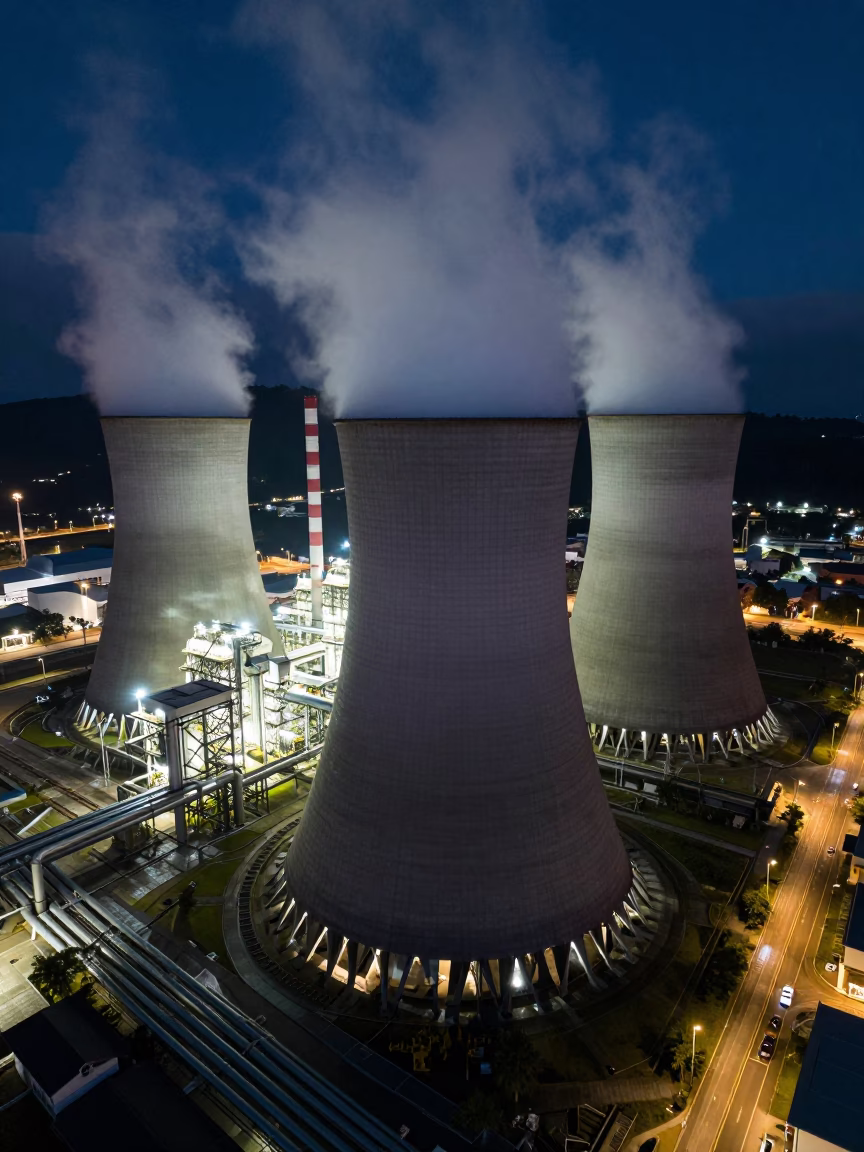 Neon Reflected Thermal Plant at Night in at a rail yard near Cameron Highlands
