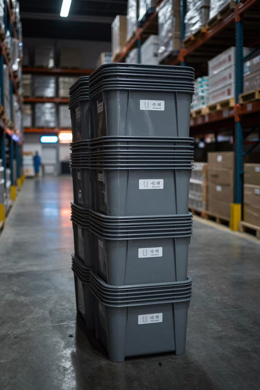 Neon Reflected Tote Stack Incheon Warehouse Night in inside a warehouse aisle in Incheon