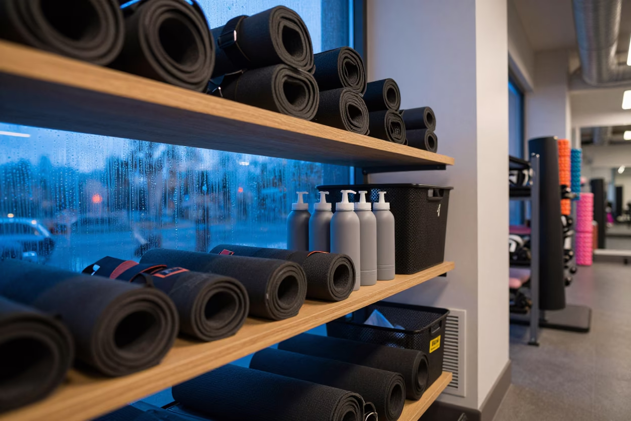 Neon Reflected Yoga Shelf Blue Hour in inside a recovery lounge beside foam rollers in Grand-Zattry