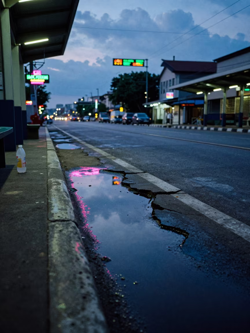 Neon Reflection in Cracked Yangon Puddle at Dusk in at a tram stop in Downtown, Yangon