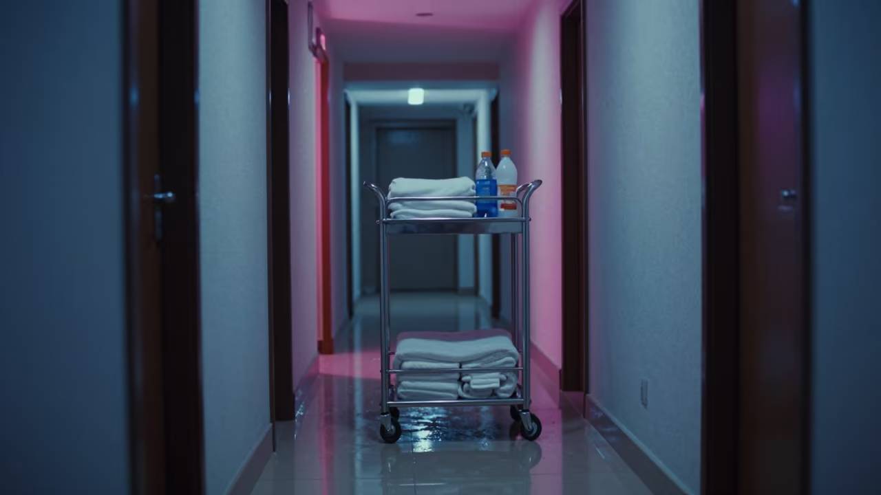 Neon Reflection on Hotel Cart in Ouagadougou in in a quiet guest corridor in Ouagadougou