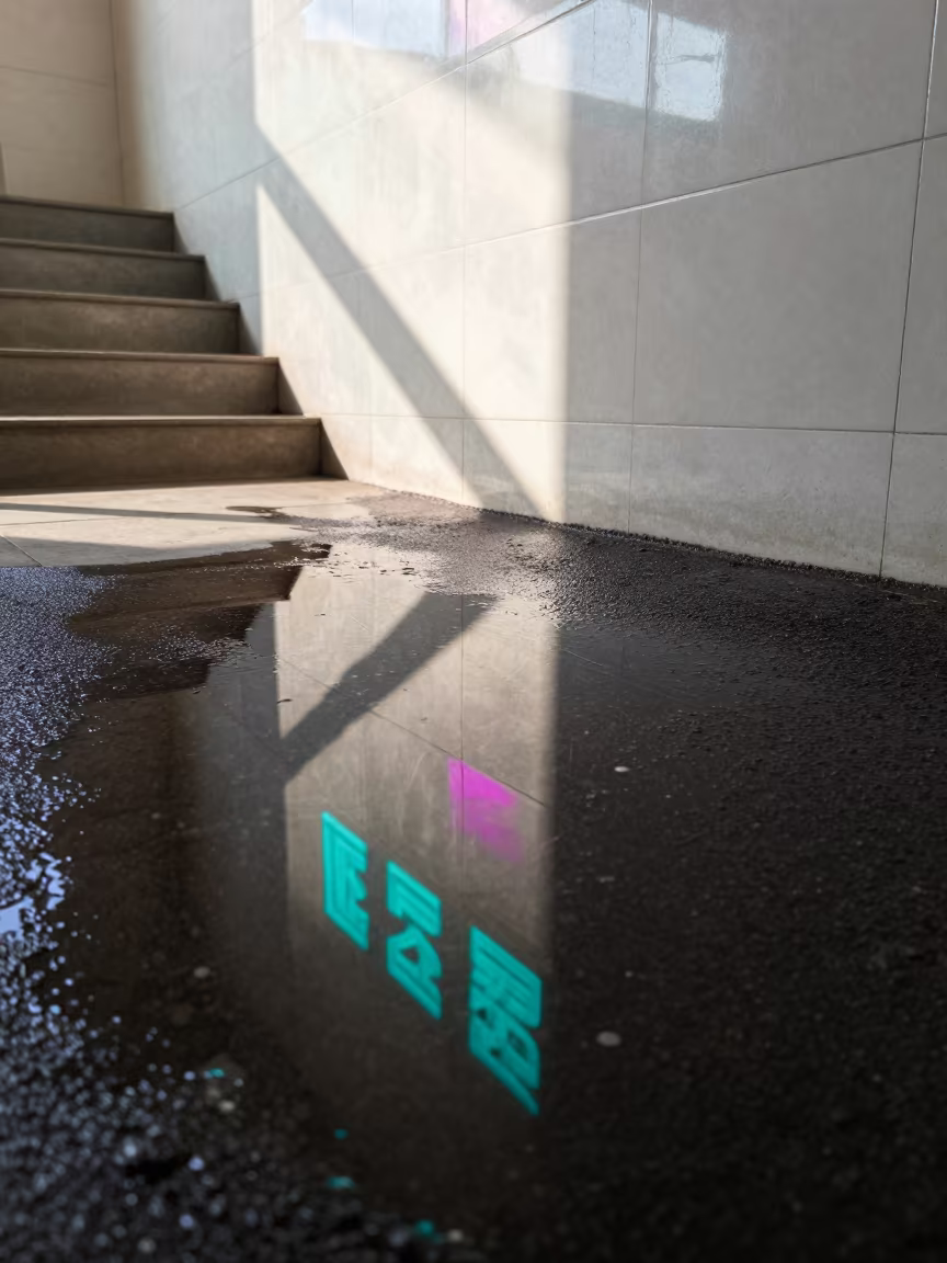 Neon Reflection in Puddle Dark Asphalt in inside a tiled stair hall in Sinfra