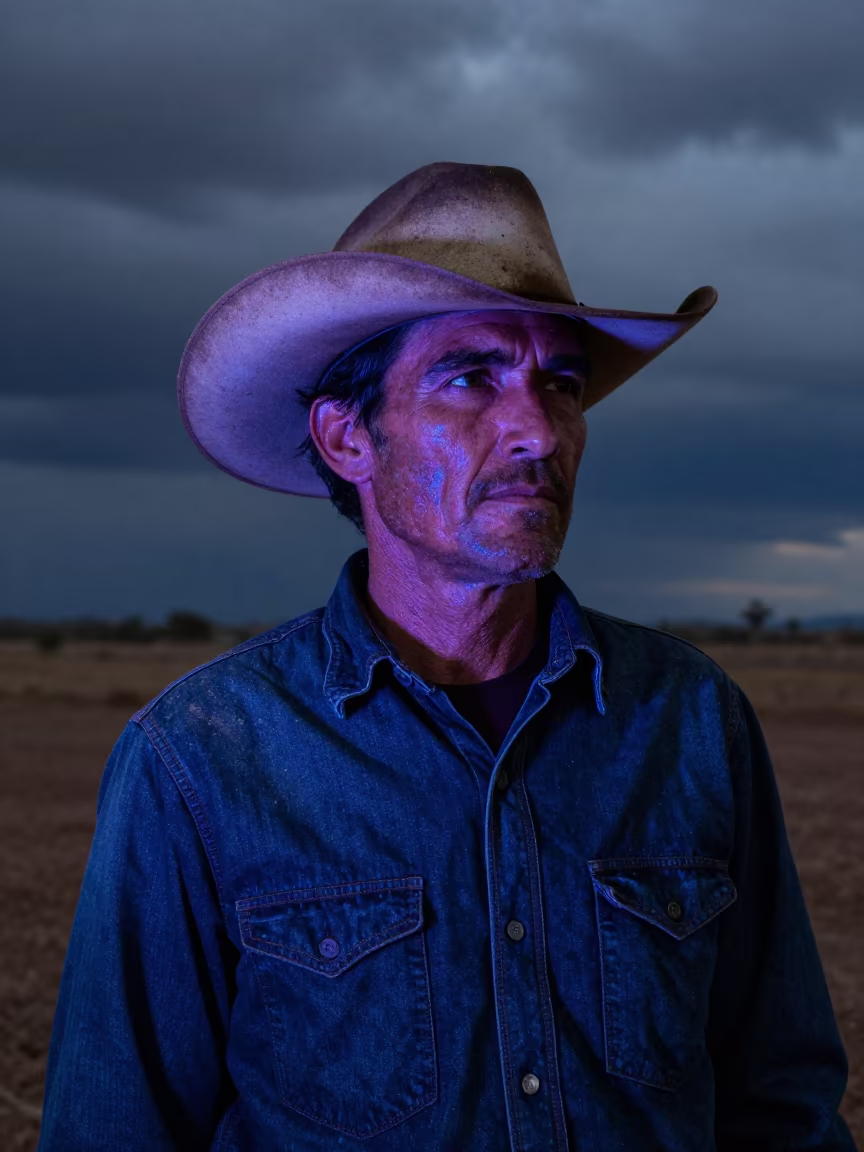 Neon Reflection on Rancher's Weathered Face in in Sumbawanga