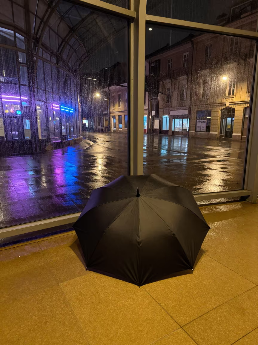Neon Reflection on Wet Yellow Pavement in inside a vaulted atrium in Bucharest