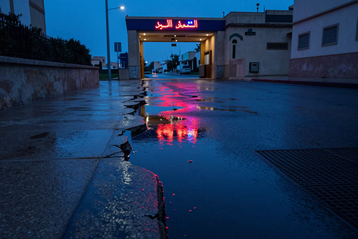 Neon Reflection in Winter Puddle Dusk in outside a metro entrance in Berrechid