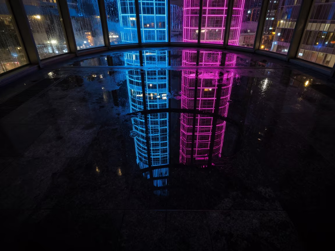 Neon Reflections in Atrium Puddle in inside a vaulted atrium in Cagua