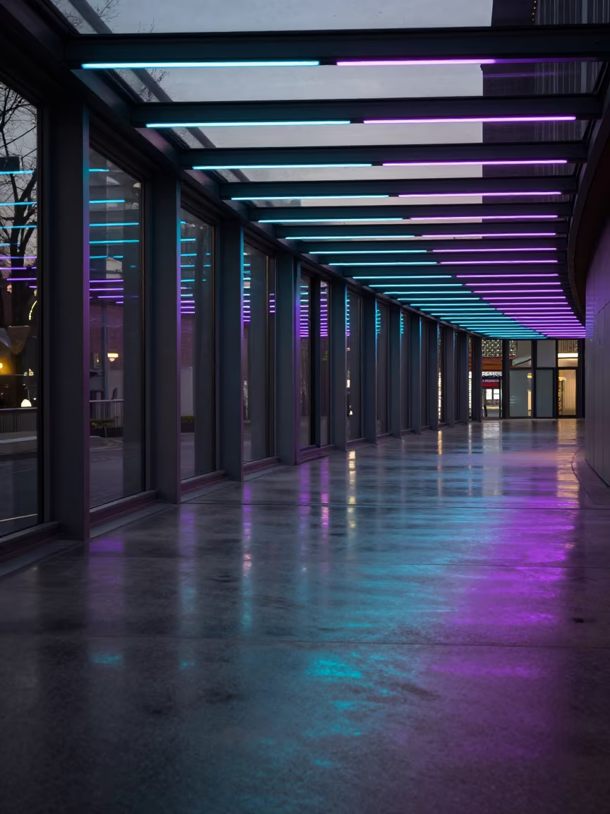 Neon Reflections in Blankenese Skylit Passageway in inside a skylit passageway near Blankenese, Hamburg