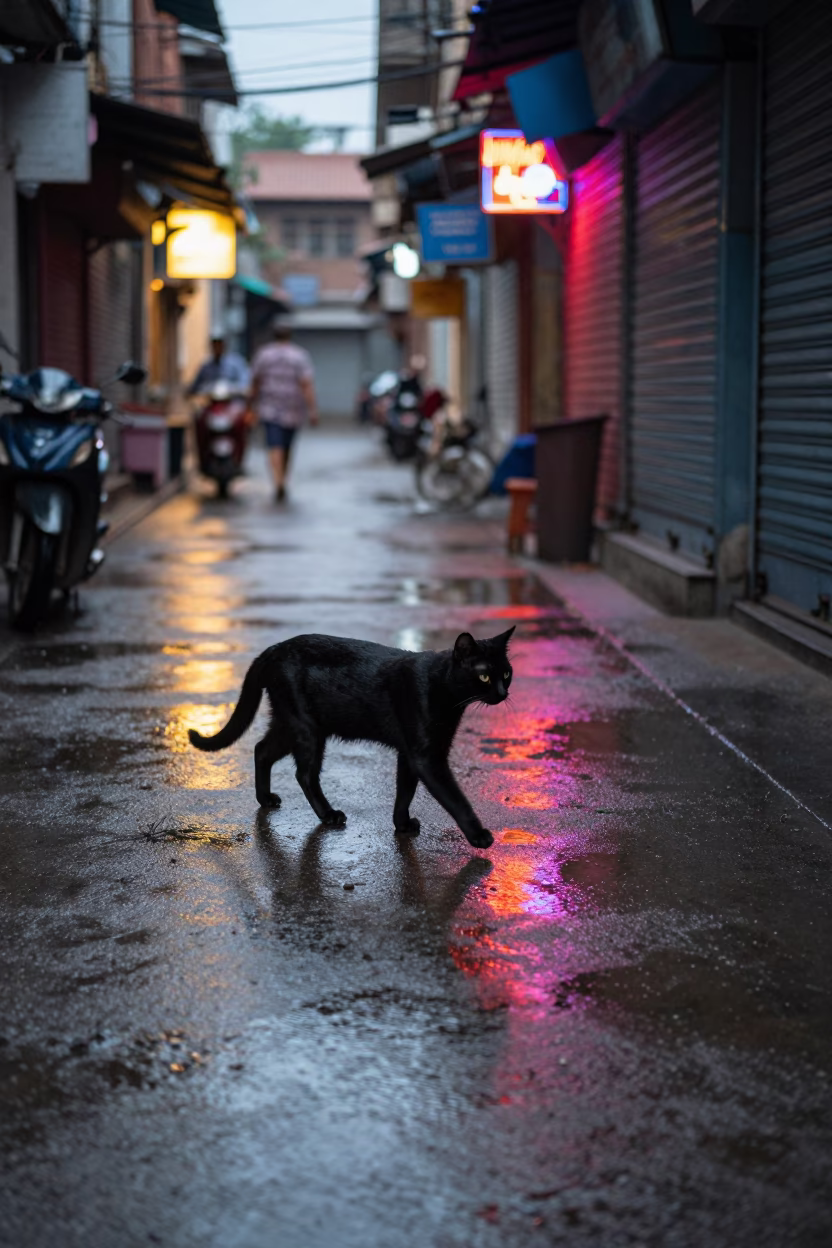 Neon Reflections Cat Kanpur Alley in along a shuttered arcade in Kanpur