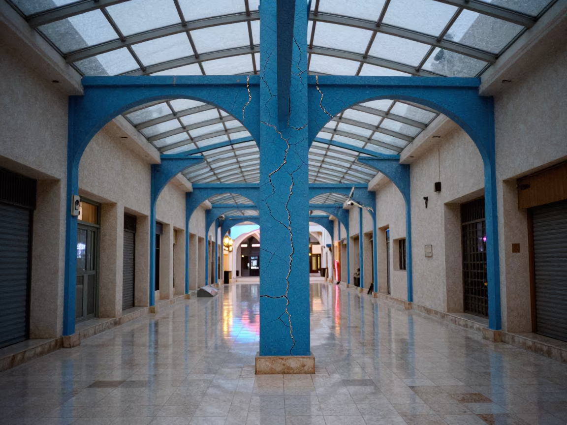 Neon Reflections on Cracked Blue Paint in Arcade in inside a glass-roofed arcade in Al-Muharraq