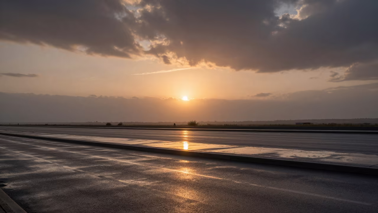 Neon Reflections Drizzle Moldova Sunset in beneath fast-moving cloud bands in Moldova