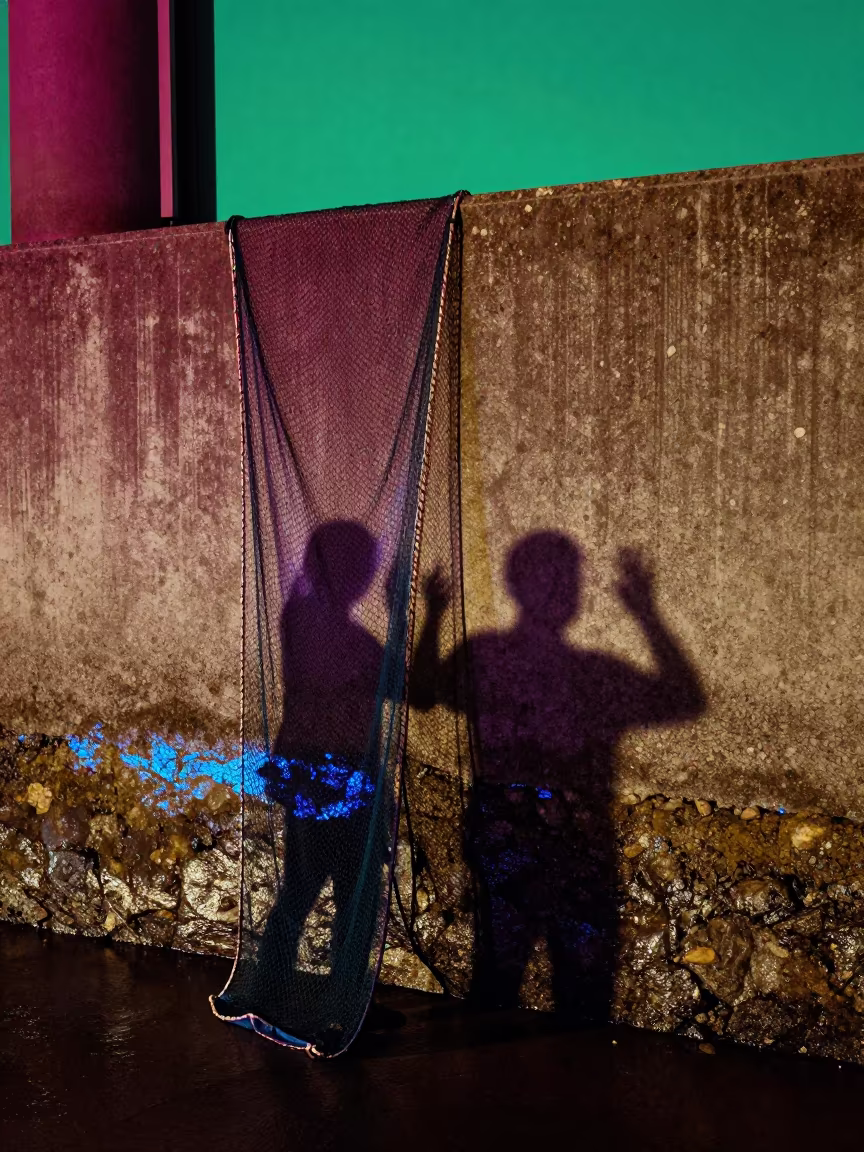 Neon Reflections On Harbor Wall Shadows in in British Columbia