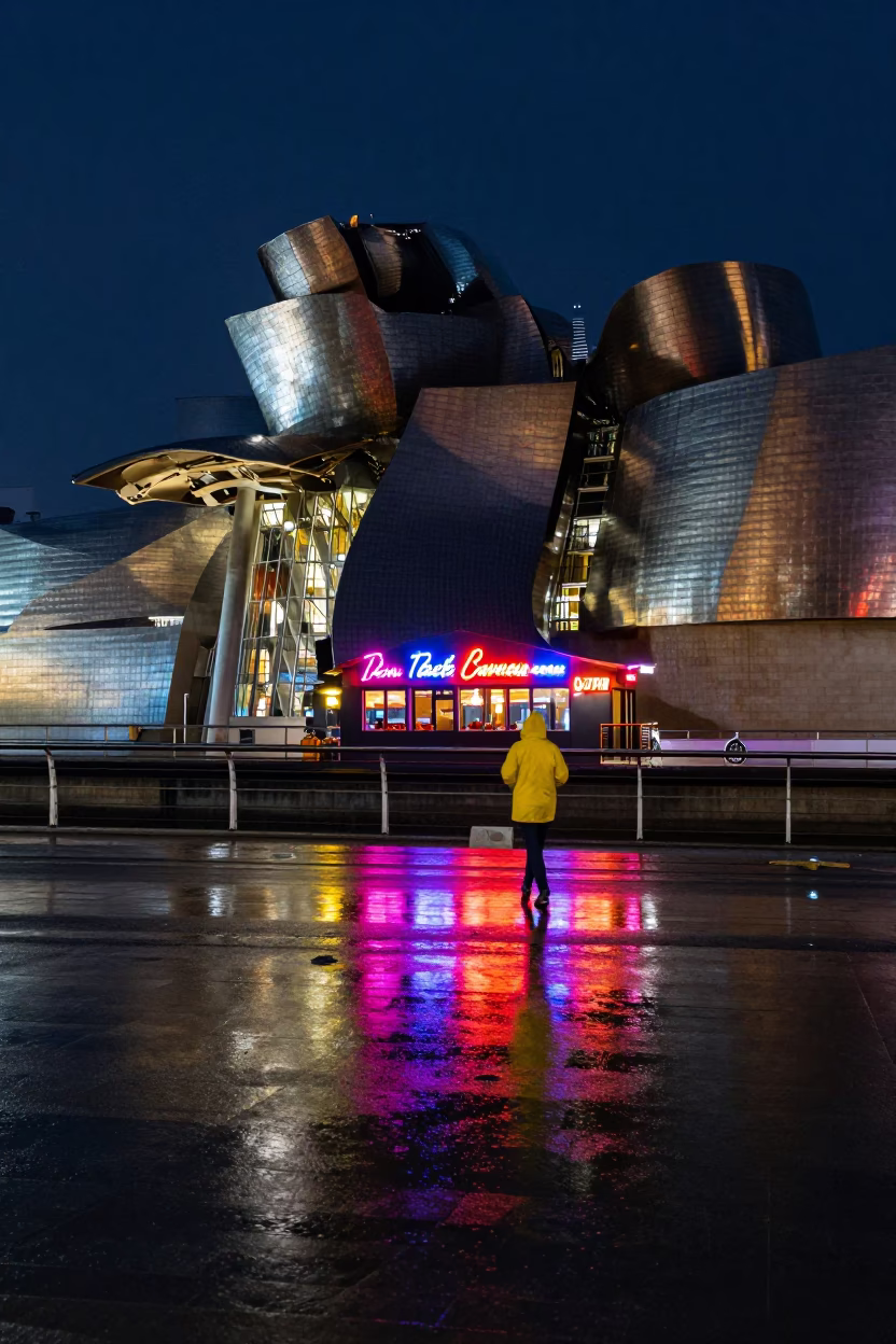 Neon Reflections in Bilbao at Deep In The Night Light in in Bilbao, Spain
