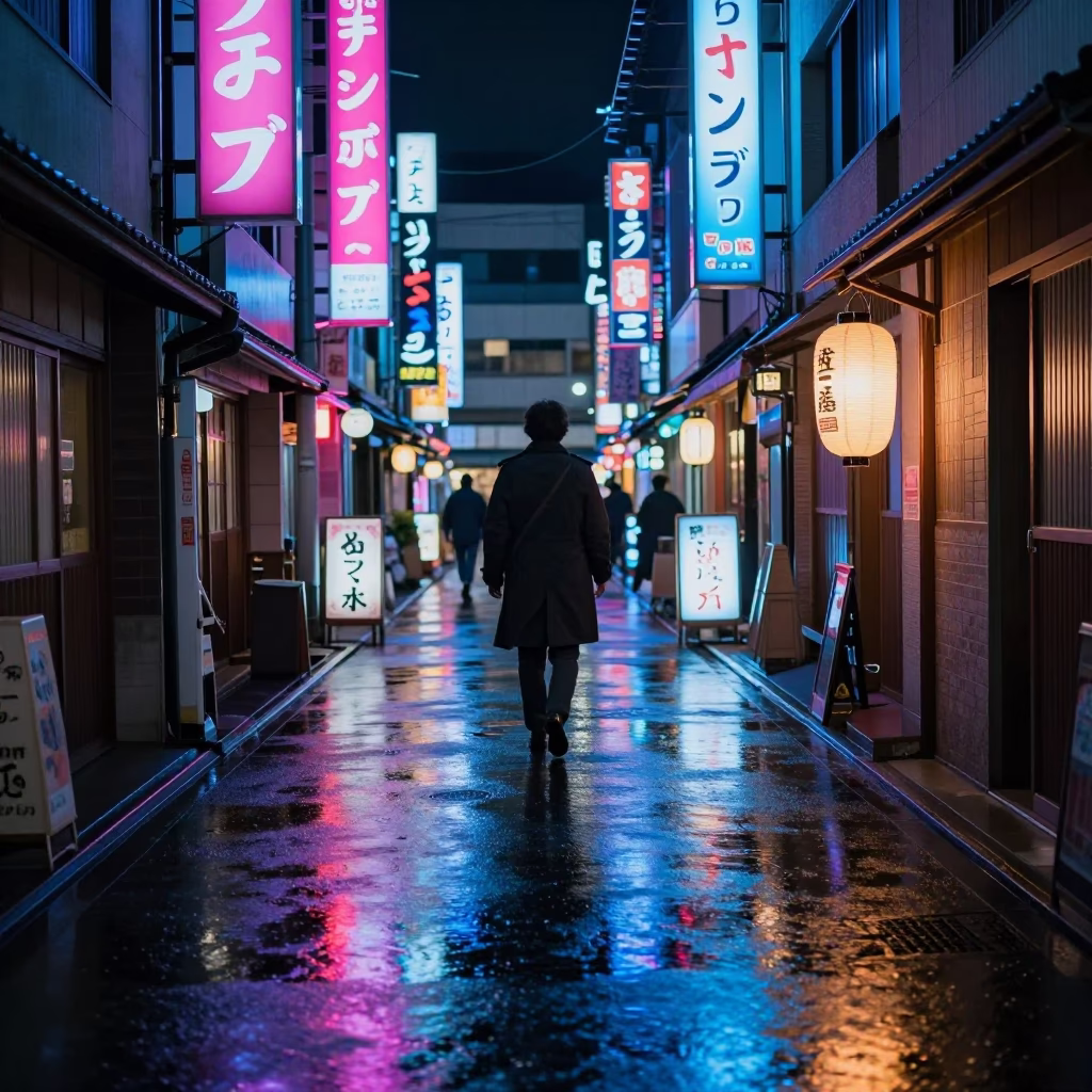 Neon Reflections in Fukuoka at Late At Night Light in in Fukuoka, Japan