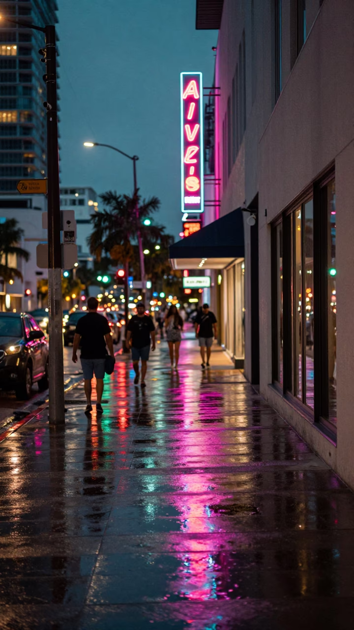 Neon Reflections in Miami at As City Lights Begin To Glow in in Miami, Florida, United States