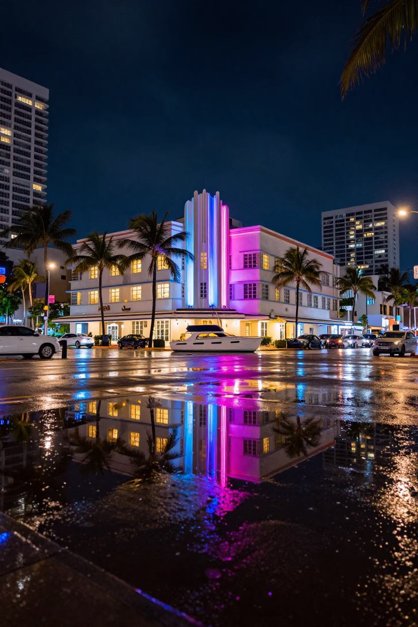 Neon Reflections in Miami Night Puddle with Sailing Yacht Anchorage in in Miami, Florida, United States