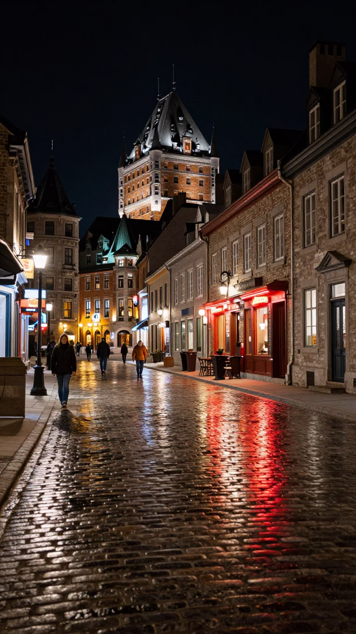 Neon Reflections in Quebec City at Late At Night Light in in Quebec City, Quebec, Canada