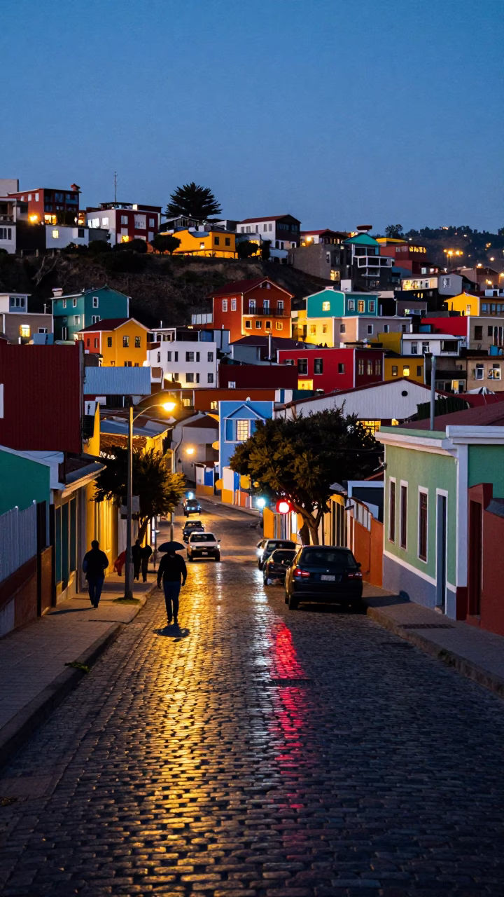 Neon Reflections in Valparaiso at As City Lights Begin To Glow in in Valparaiso, Chile