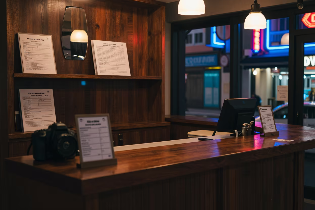 Neon Reflections on Kids Club Waiver Shelf in at a reception desk under warm light in Chinatown, Singapore