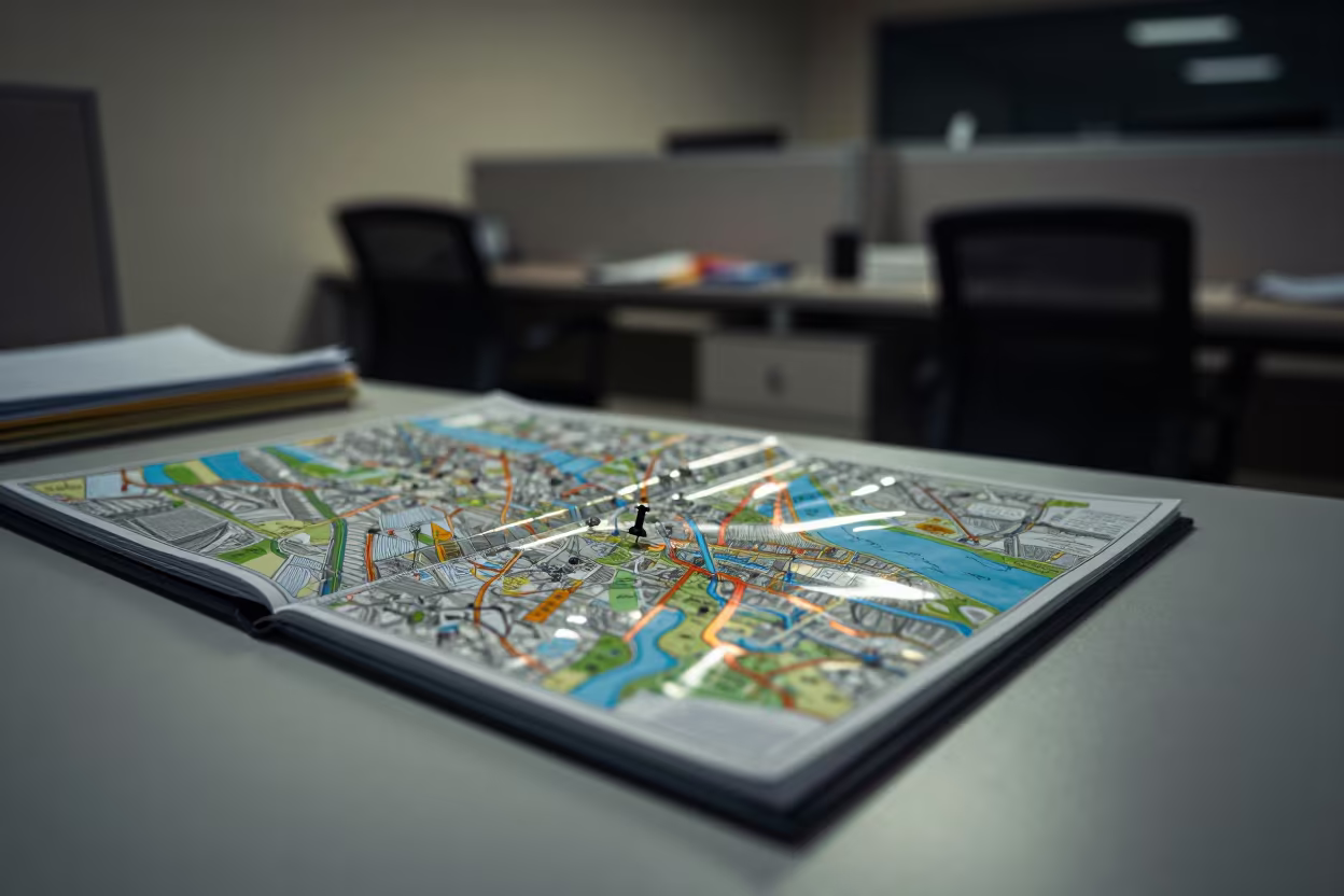 Neon Reflections on Office Map Pin Case in inside an open-plan office bay in Belgaum