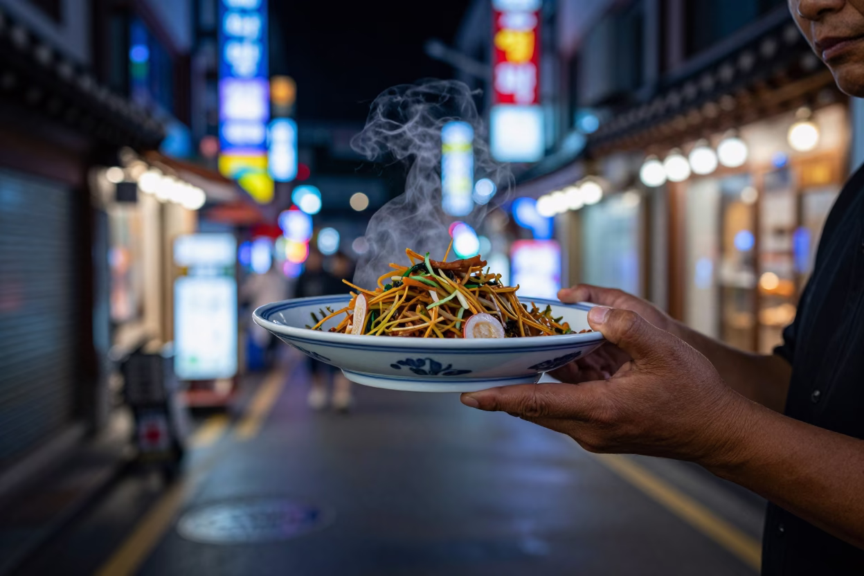 Neon Reflections on Blue and White Porcelain Plate in Night Seoul Street Scene in in Seoul, South Korea