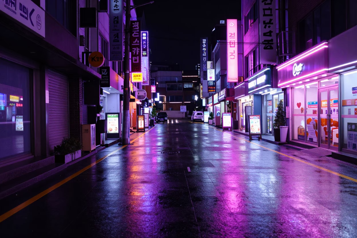 Neon Reflections on Seoul Street at Night with Stone Bench and Brooms in in Seoul, South Korea