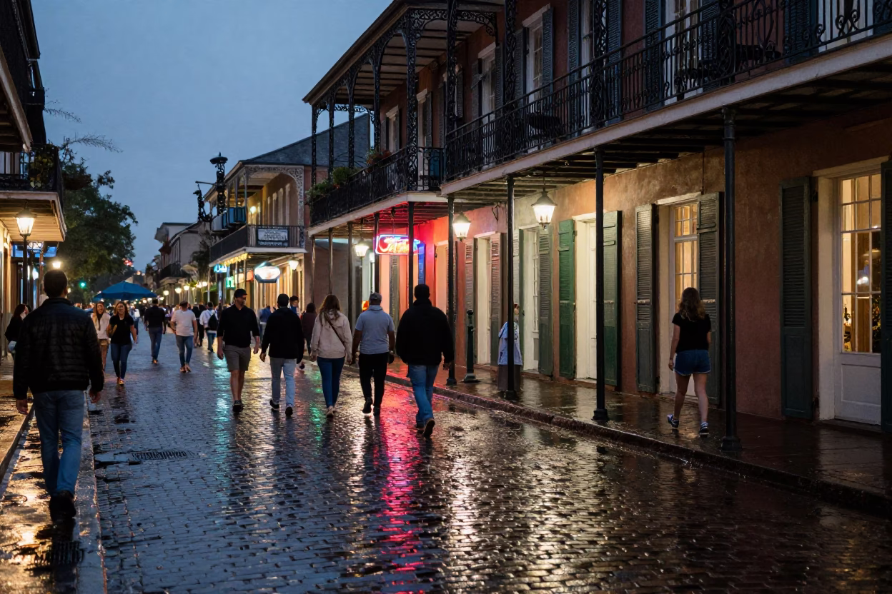 Neon reflections on wet cobblestones in French Quarter New Orleans at twilight in in New Orleans, Louisiana, United States
