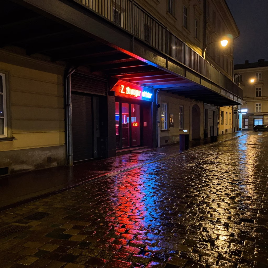 Neon Reflections on Wet Cobblestones Outside Vienna Nightclub Entrance with Perforated Metal Overpass in in Vienna, Austria