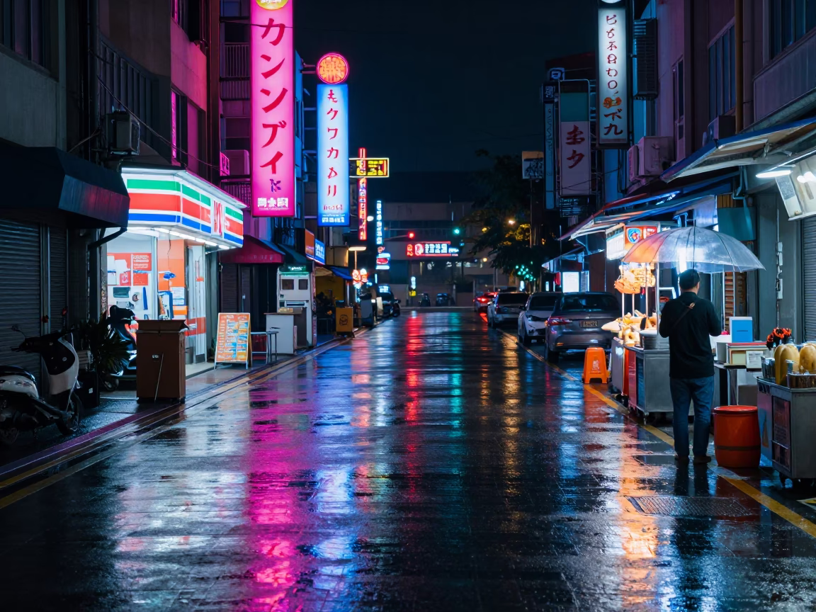 Neon Reflections on Wet Kaohsiung Street at Midnight with Umbrella Vendor in in Kaohsiung, Taiwan