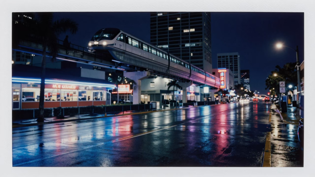 Neon Reflections on Wet Miami Street at Night with Monorail Skyscraper View in in Miami, Florida, United States