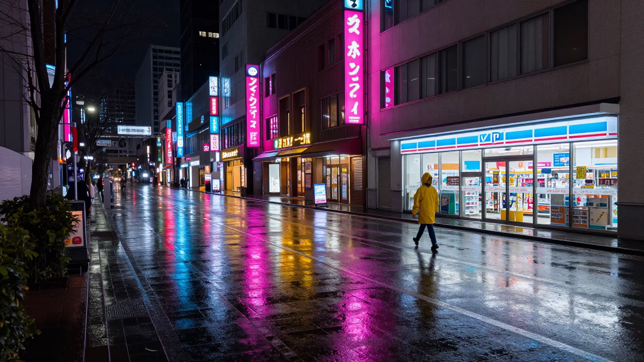 Neon Reflections on Wet Pavement in Sapporo Japan Night Street Scene in in Sapporo, Japan
