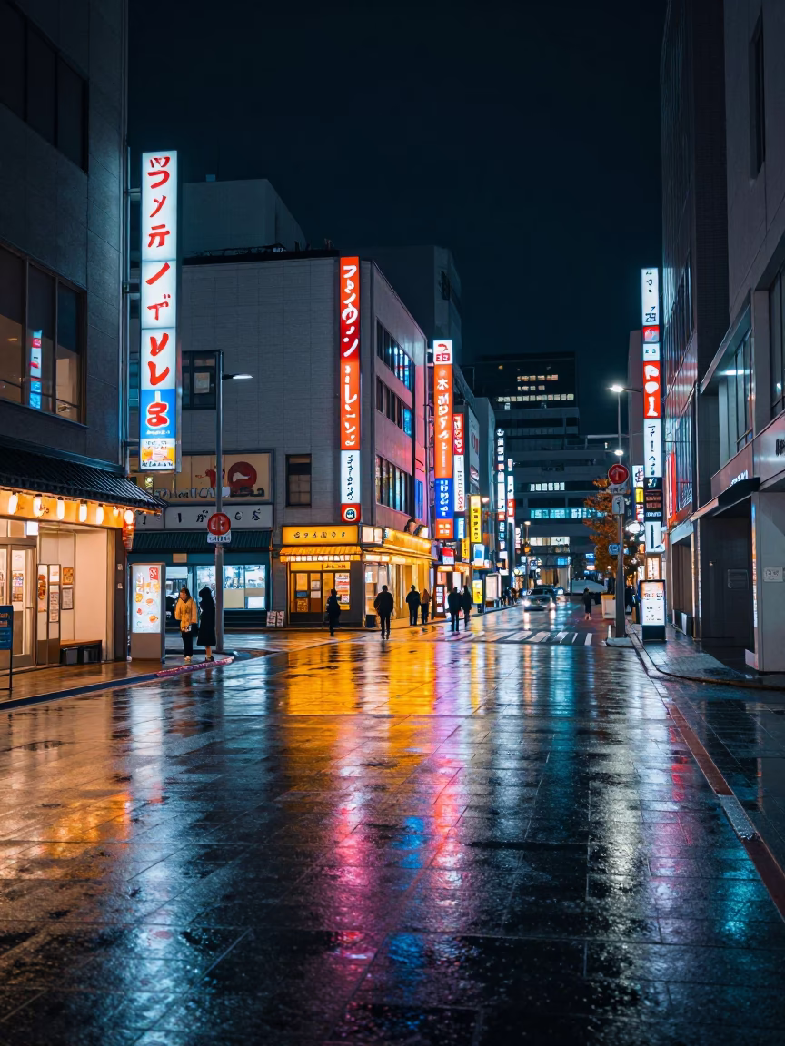 Neon Reflections on Wet Sapporo Street Under Deep Night Sky in Japan in in Sapporo, Japan