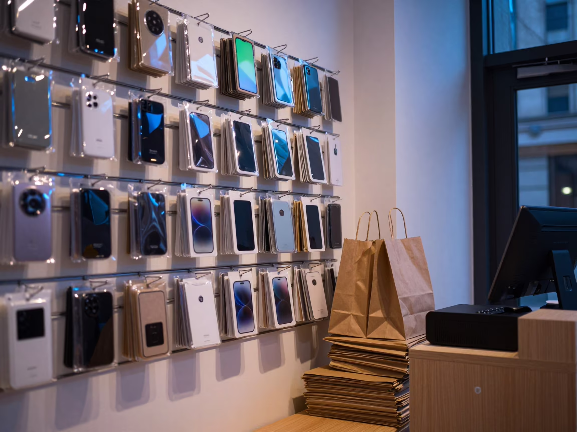 Neon Reflections on Phone Accessories at Dusk in at a cash wrap counter with bags stacked nearby near Girga
