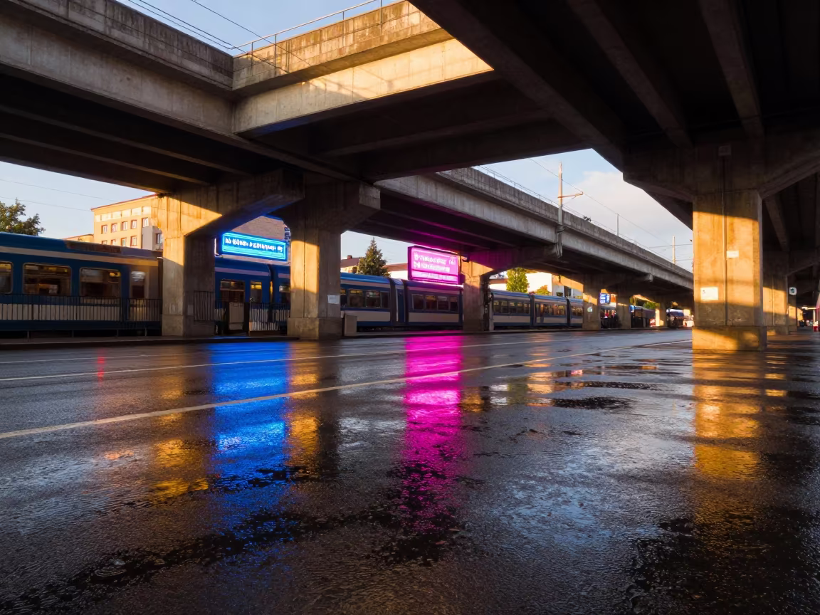 Neon Reflections Rain Wałbrzych Street in under an elevated train line in Wałbrzych