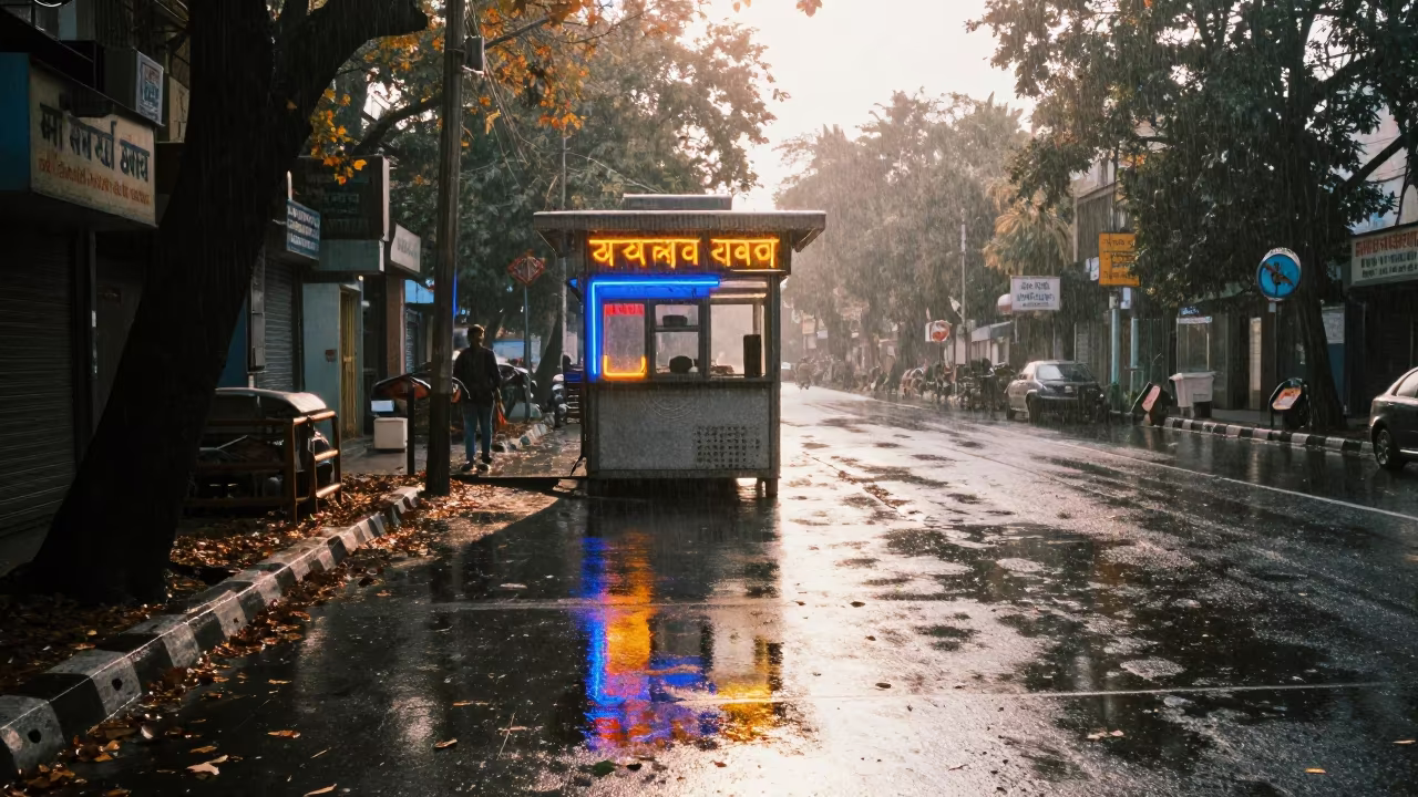 Neon Reflections on Rainy Chandigarh Asphalt in by a rain-darkened kiosk in Chandigarh
