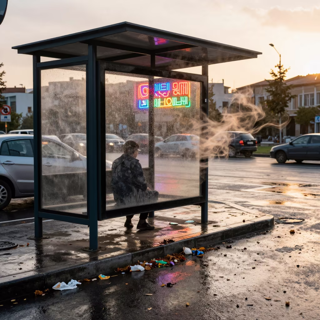 Neon Reflections on Rainy Diyarbakır Street in beside a steamed-up bus shelter in Diyarbakır