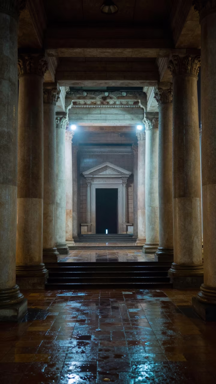 Neon Reflections on Roman Forum Colonnade in Abidjan Stair Hall in inside a tiled stair hall in Abidjan