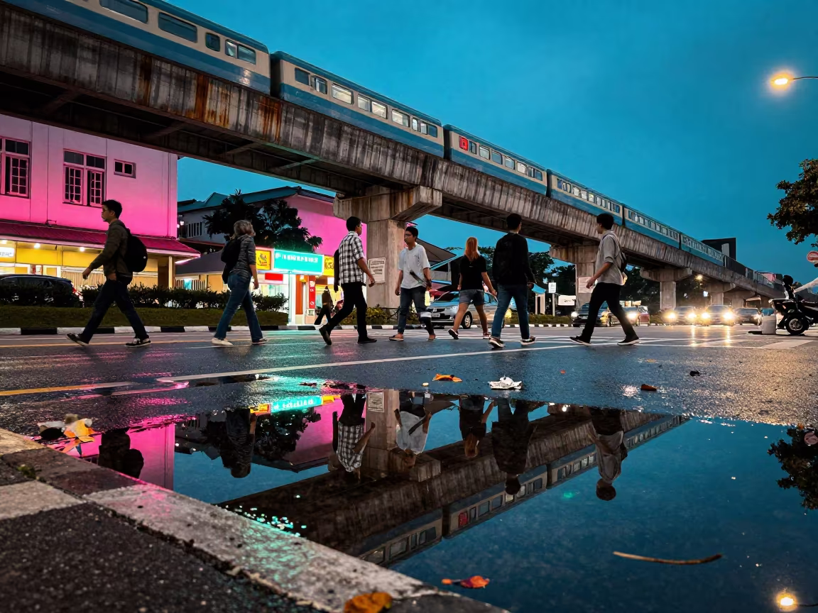 Neon Reflections Under Sandakan Train Tracks in under an elevated train line in Sandakan