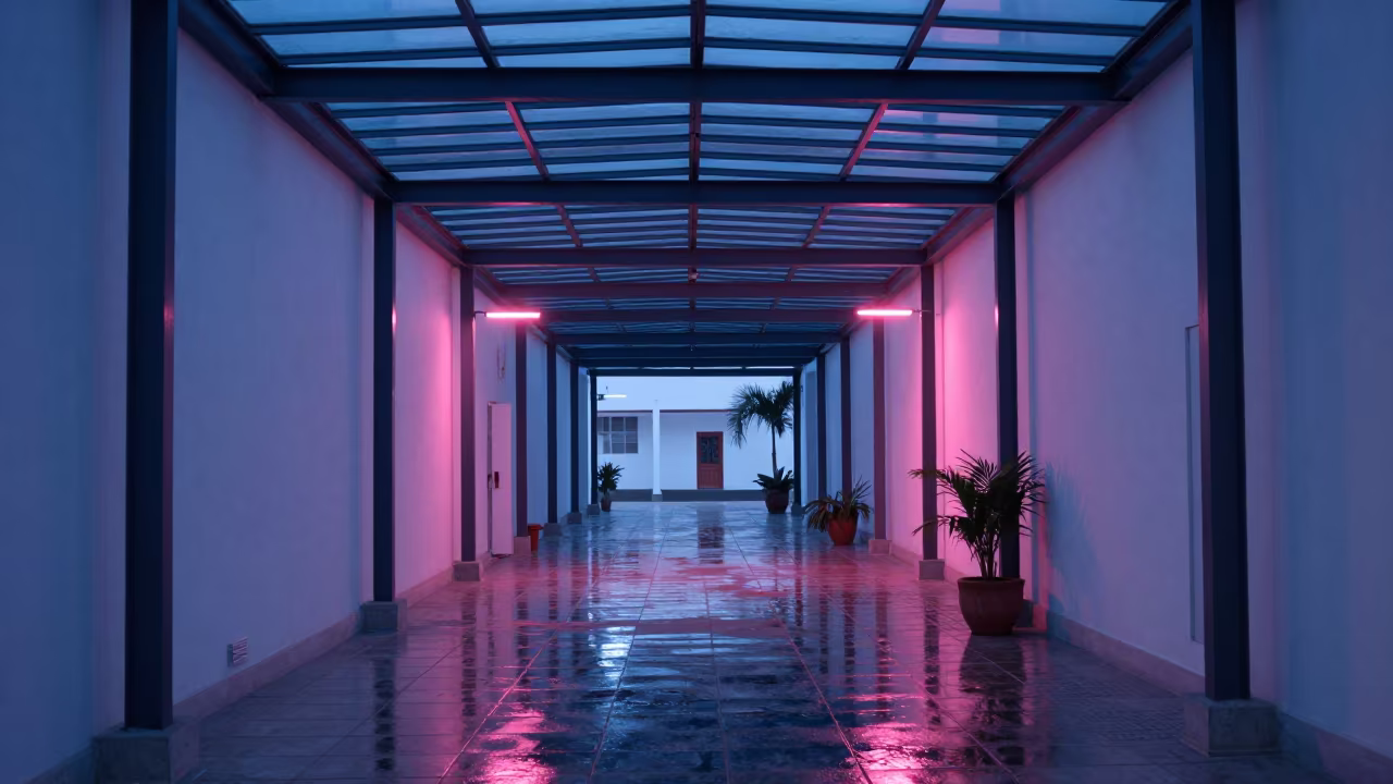 Neon Reflections Splitting Landscape in Glass Arcade in inside a glass-roofed arcade in Acapulco de Juárez