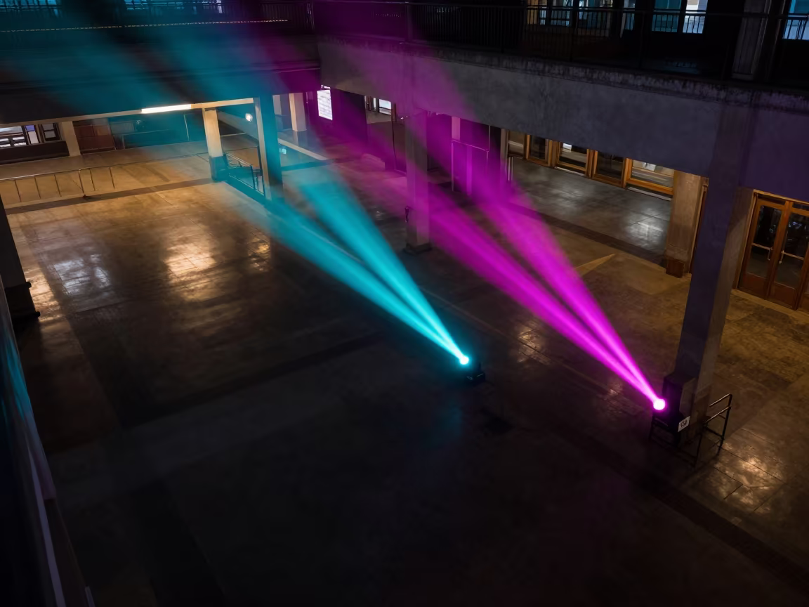 Neon Reflections on Train Terminal Floors in inside a restored train terminal near Tijuana