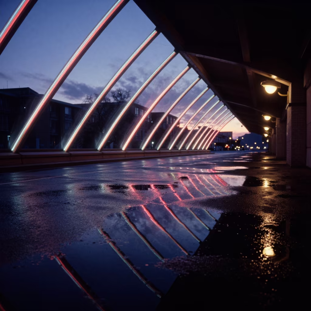 Neon Reflections in Twilight Puddle Ulaanbaatar in inside a skylit passageway near Ulaanbaatar