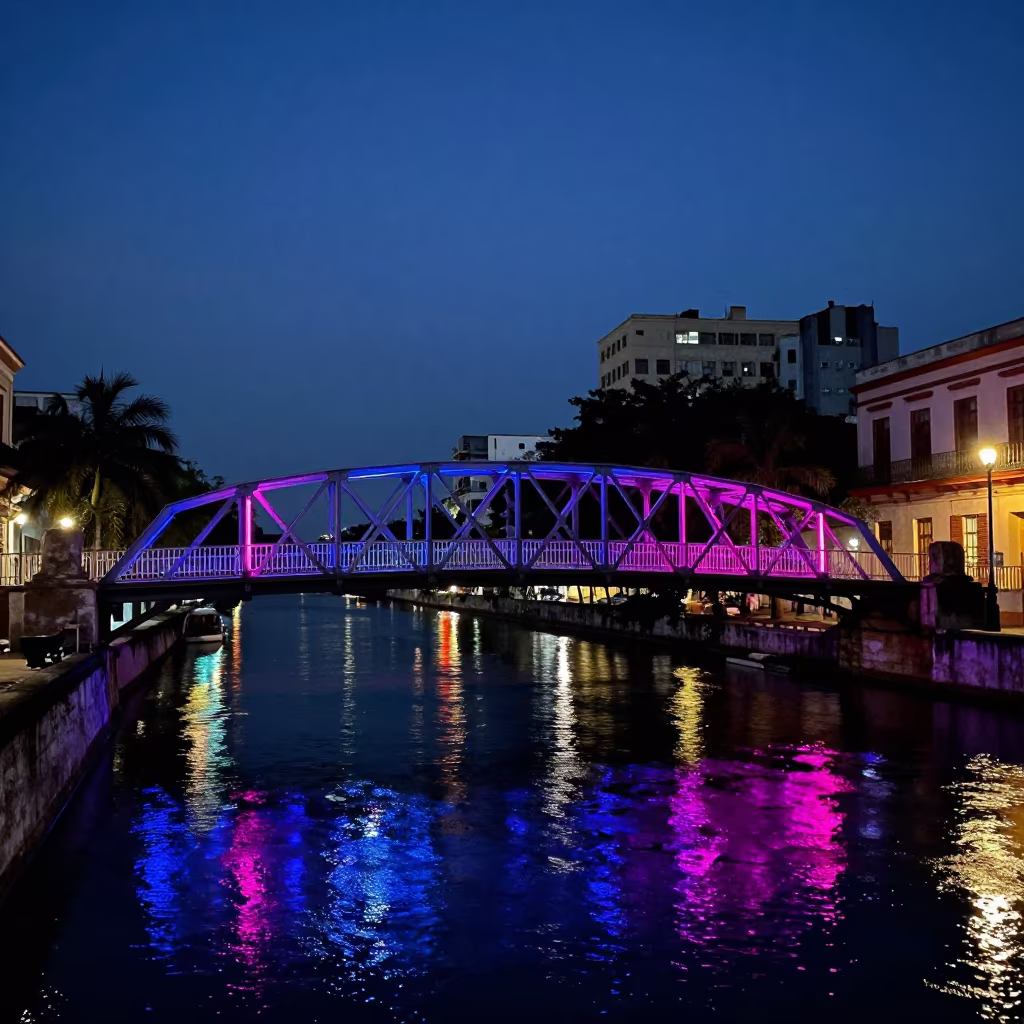 Neon Reflections on Victorian Bridge Havana Canal in near Miramar, Havana
