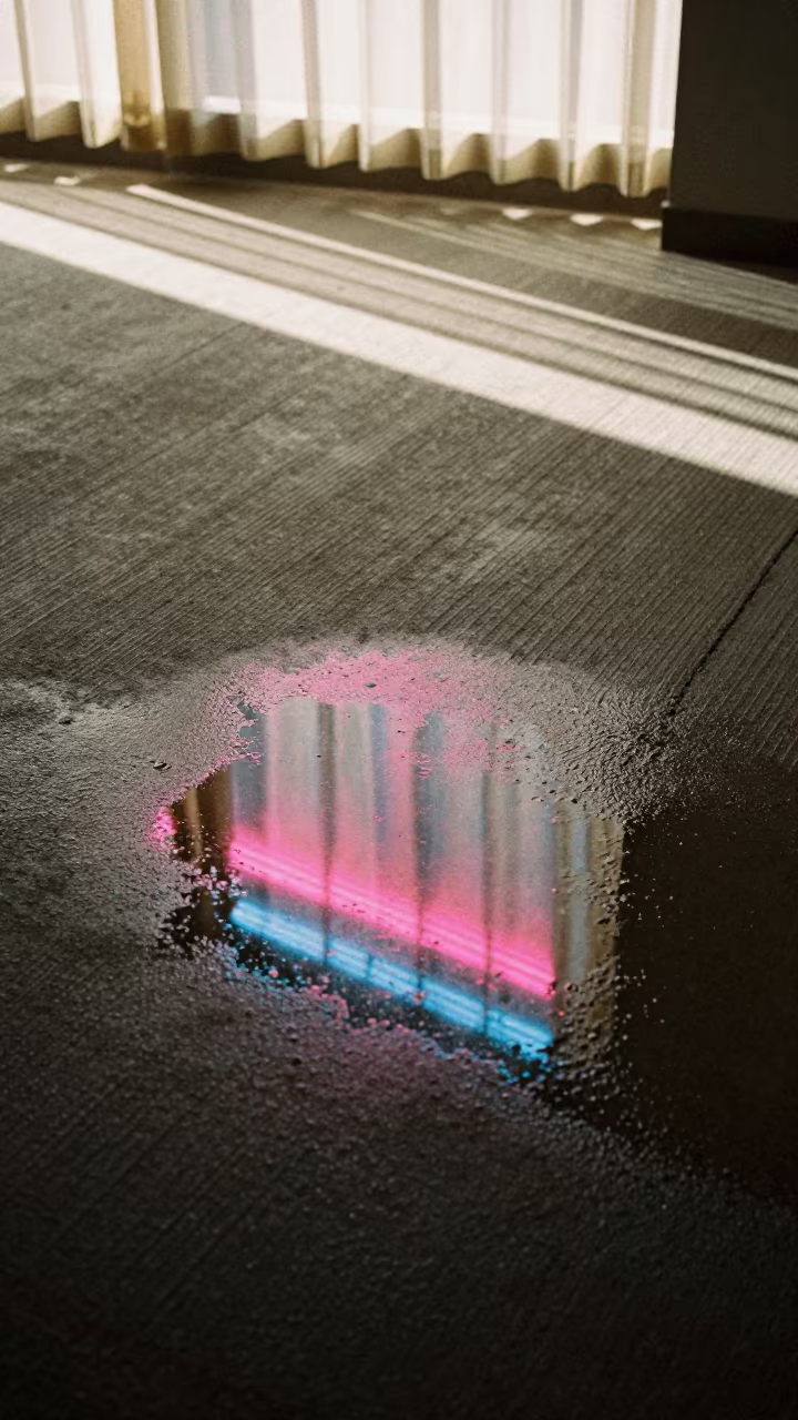Neon Reflections on Wet Asphalt Lobby in inside a ribbed concrete lobby near Gion, Kyoto