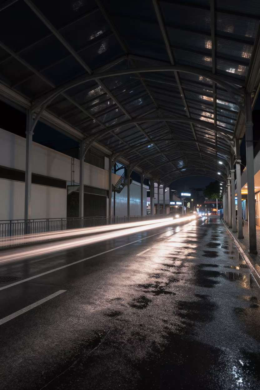 Neon Reflections on Wet Asphalt in Recife Arcade in inside a glass-roofed arcade in Recife