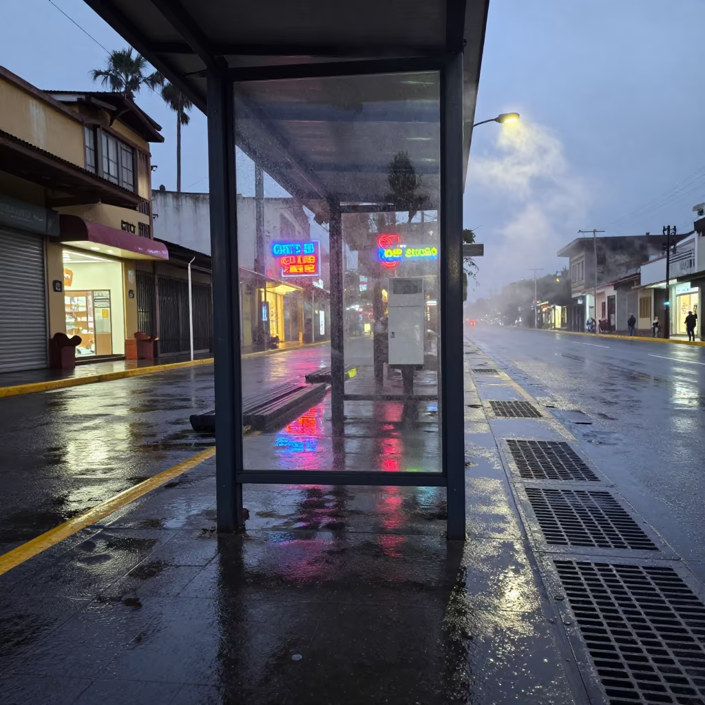 Neon Reflections on Wet Asphalt Tram Stop in at a tram stop in Quetzaltenango