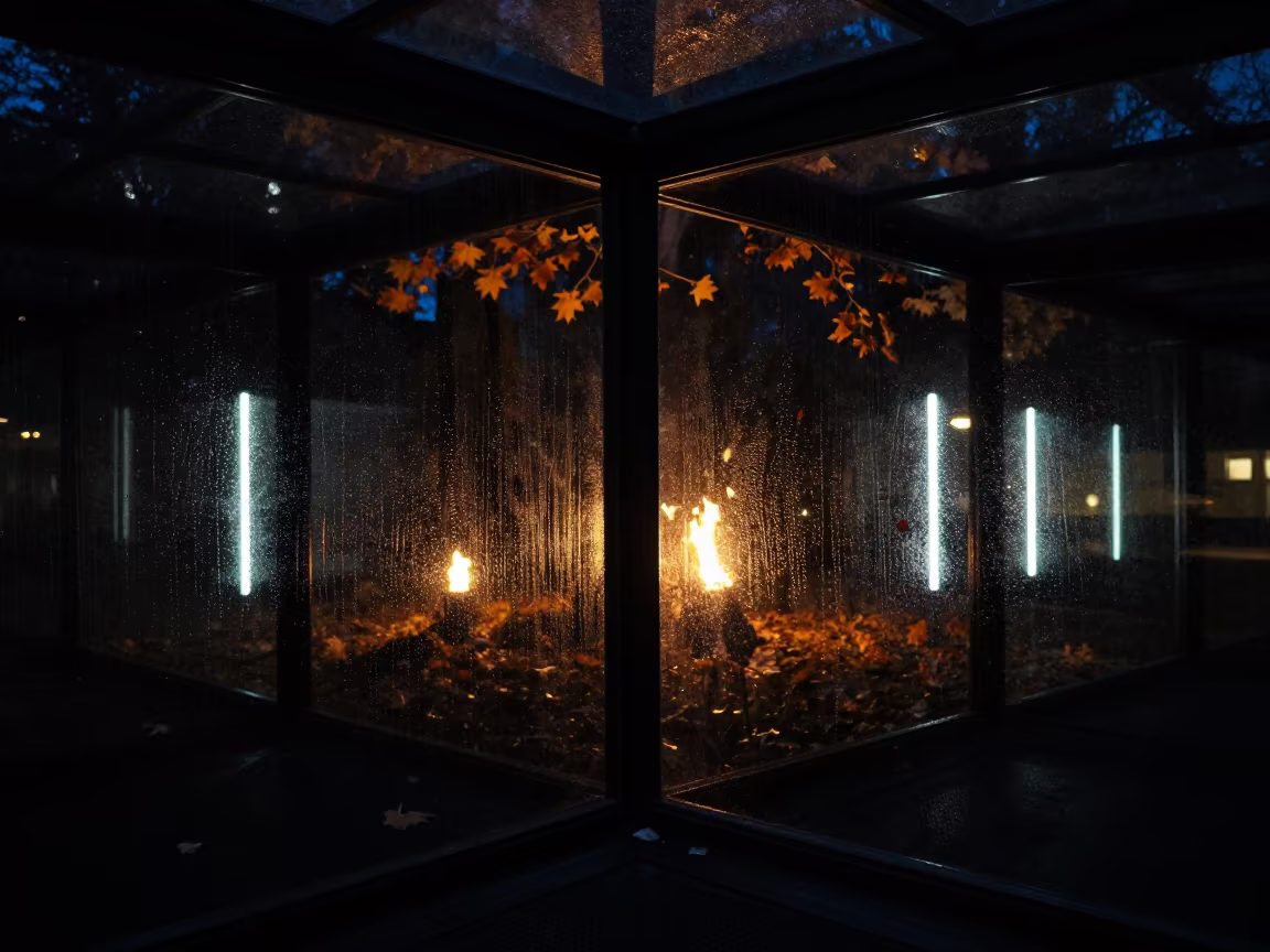 Neon Reflections on Wet Black Glass in inside a skylit passageway in Gloucester