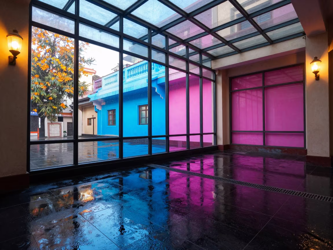 Neon Reflections on Wet Glass in Bundi Arcade in inside a glass-roofed arcade in Bundi